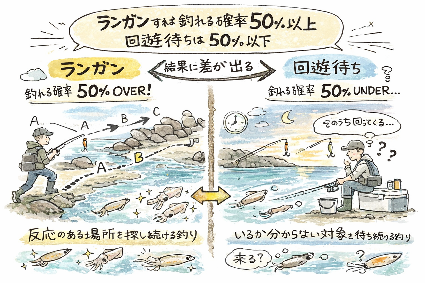 ランガンすれば釣れる確率は上がる。回遊待ちは下がるを説明したイラスト