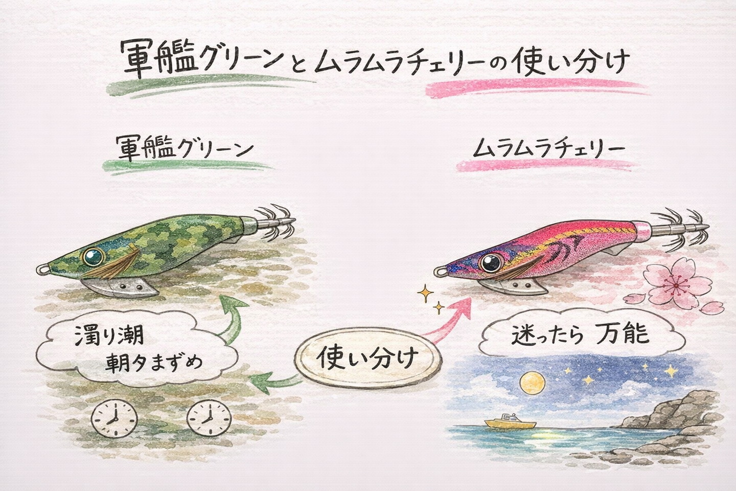 軍艦グリーンとムラムラチェリーの使い分けを説明したイラスト