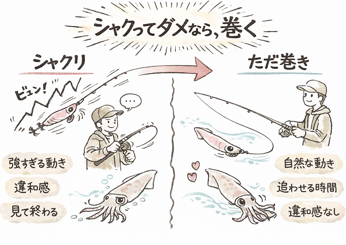 エギング、シャクってダメなら巻くを説明したイラスト