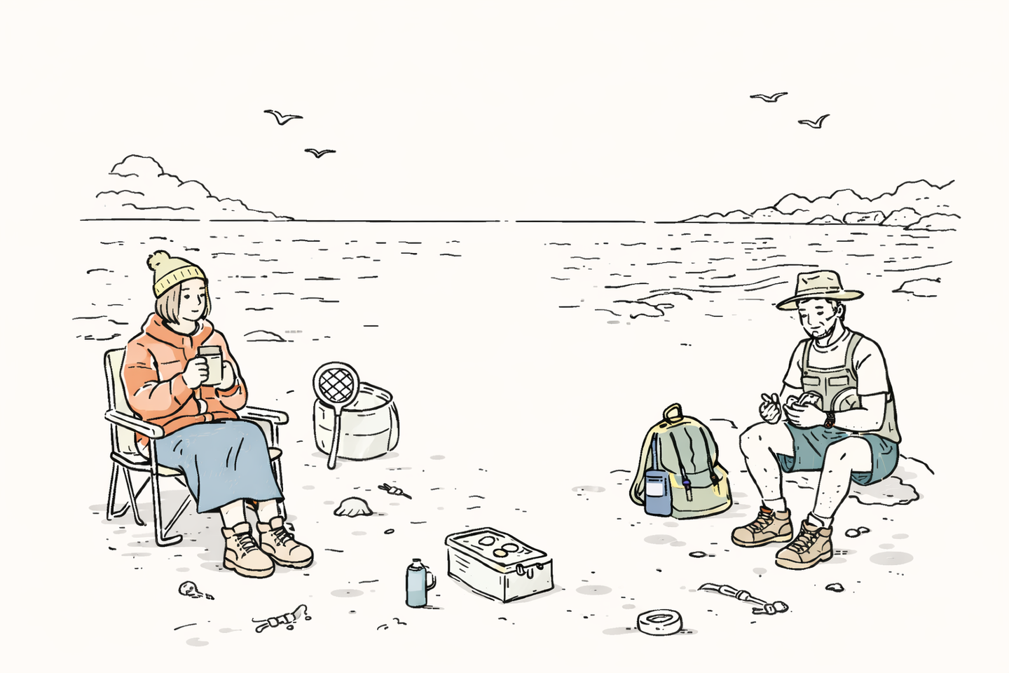 おしゃれな服装で海釣りをする人