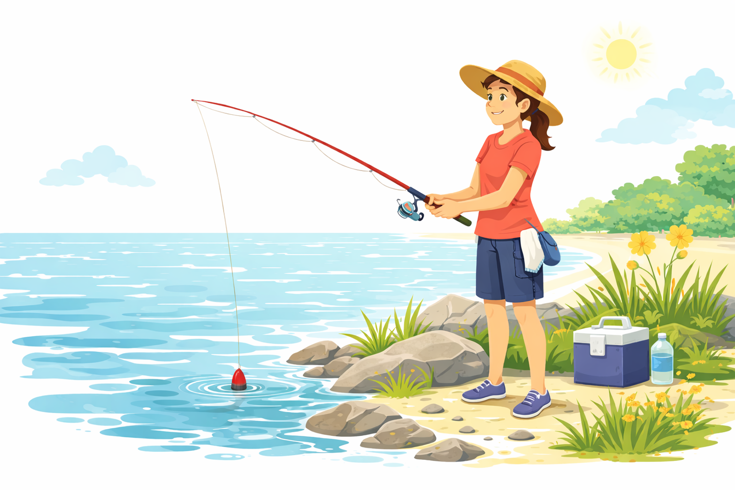 夏の服装で海釣りをする人